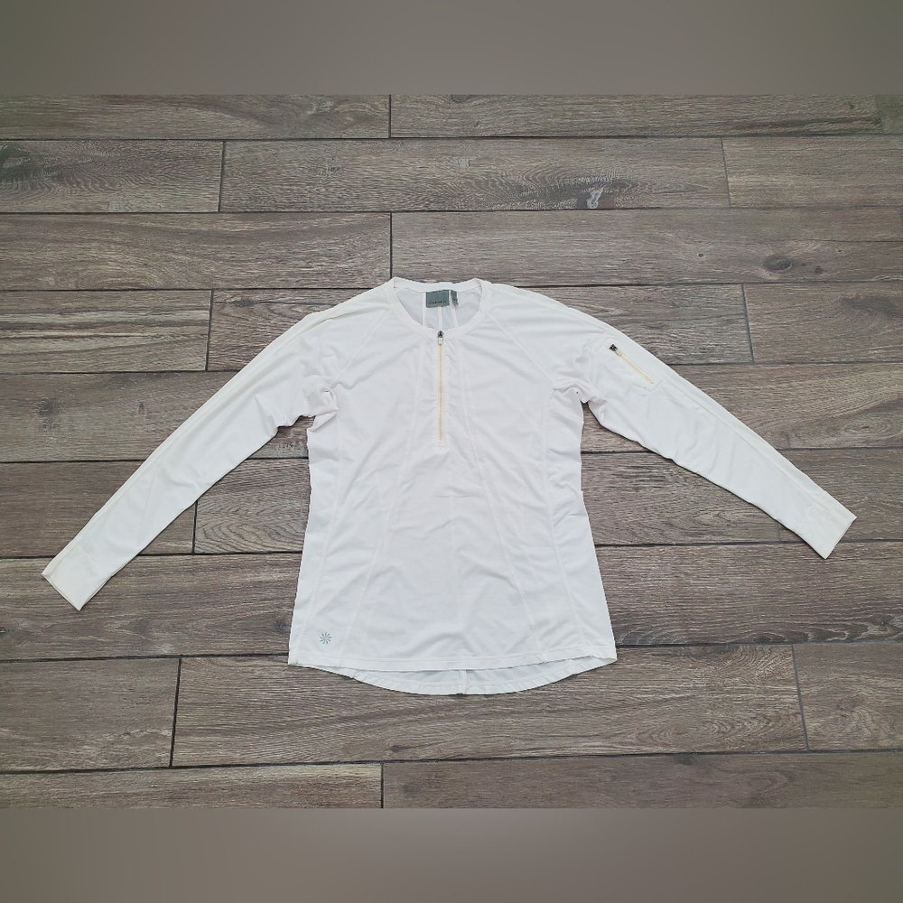 Athleta women's polyester spandex blend white stretch long sleeve blouse top L